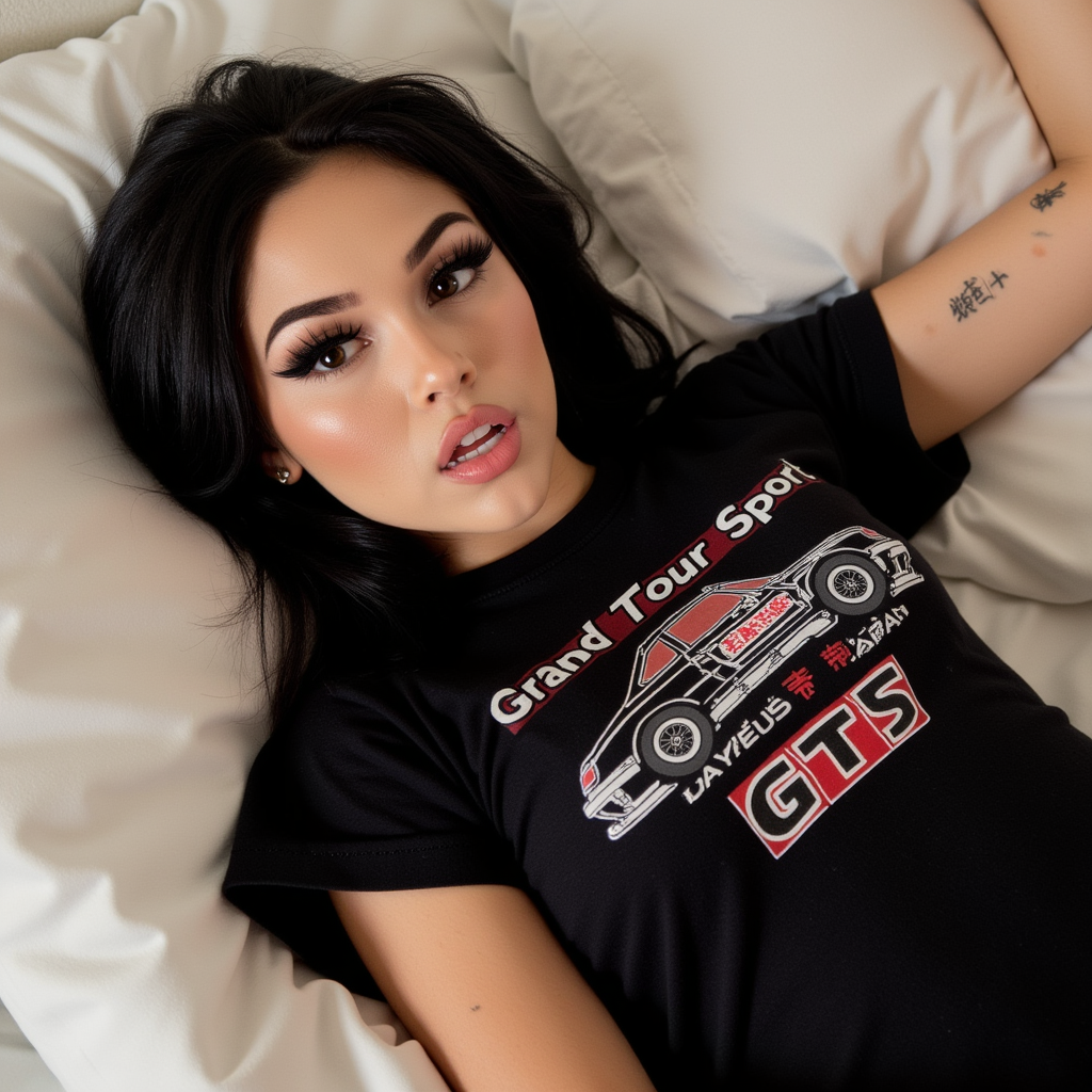 Maggie Lindemann lying on a bed, looking directly at the camera. She has dark hair and bold eyeliner, and is wearing a black t-shirt with a car graphic and "Grand Tour Sport Japan GTS" text. Her right arm is raised, showing a small tattoo. The setting is relaxed and casual.