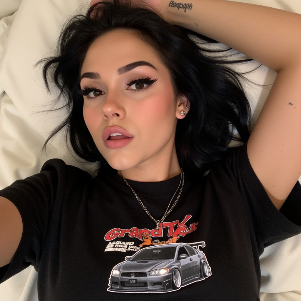 Maggie Lindemann lying on a bed, looking directly at the camera. She has dark hair and bold eyeliner, and is wearing a black t-shirt with a car graphic and "Grand Tour Sport Japan GTS" text. Her right arm is raised, showing a small tattoo. The setting is relaxed and casual.