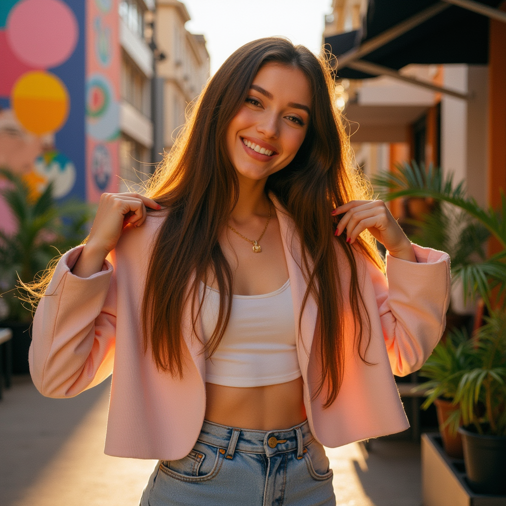 A vibrant, fashion-forward young woman named Miss Bo is striking a playful pose in a chic urban setting. She has long, flowing chestnut hair that cascades down her shoulders, Dressed in a stylish pastel-colored oversized blazer paired with vintage high-waisted jeans, she beams with confidence. The backdrop features a bustling city street adorned with colorful murals and trendy cafes, illuminated by the golden glow of the late afternoon sun. The atmosphere is lively and upbeat, infused with a sense of youthful energy. Soft bokeh effects enhance the scene, with warm pinks and yellows dominating the color palette, evoking a mood of happiness and spontaneity. The artistic style is a blend of modern street photography and influencer aesthetic, focusing on rich details and creating an inviting, dreamy look.