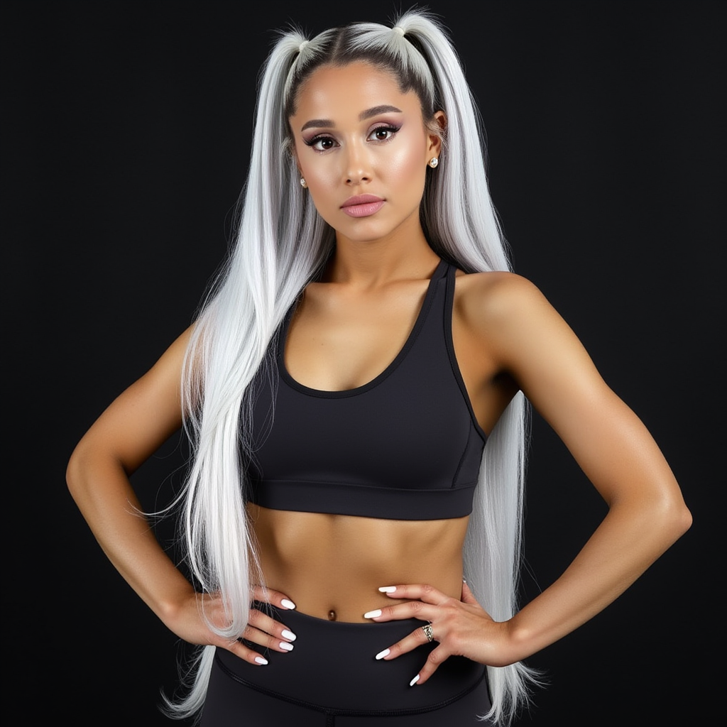Ariana Grande (2018 Reebok Photoshoot) wearing a sleek, black cropped athletic top and matching leggings. Her long, silver hair is styled in a high ponytail cascading down her shoulders, creating a striking contrast against the dark outfit. She has her hands confidently placed on her hips, showcasing a modern and empowering athletic style. The overall image reflects the activewear theme of the campaign.