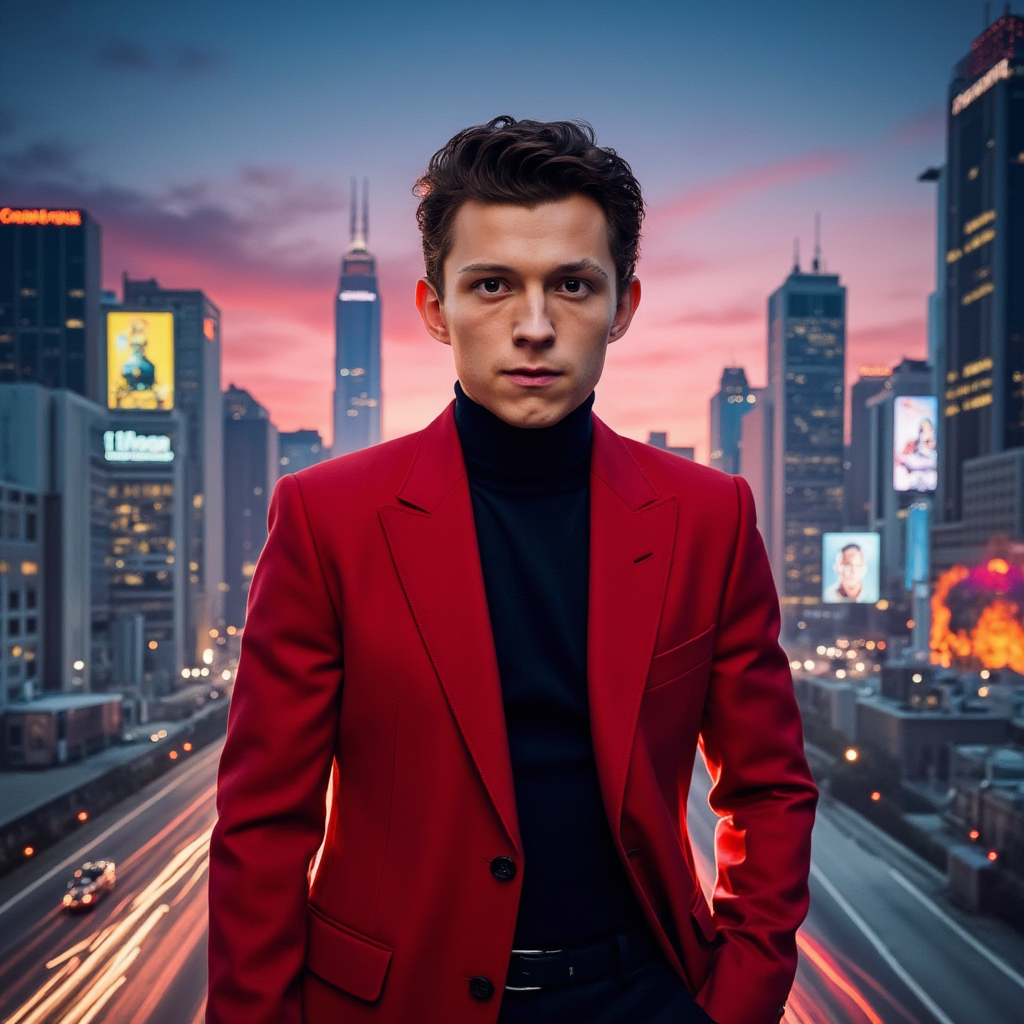 Tom Holland stands confidently in a vibrant skyline of a futuristic city in 2026, skyscrapers shimmering with neon lights and holographic advertisements illuminating the evening sky. He is wearing a sleek, tailored red suit jacket that contrasts sharply with his black, fitted pants, giving him a striking and fashionable appearance. The atmosphere is energetic yet contemplative, with a hint of excitement for the possibilities of the future. The scene is bathed in a blend of warm and cool tones, with deep reds and blues merging together in the twilight, casting a dramatic glow on his face. The artistic style is hyper-realistic, capturing every detail of Tom’s expressive features and the intricate architecture around him, enhancing the overall sense of a vibrant urban landscape brimming with life.