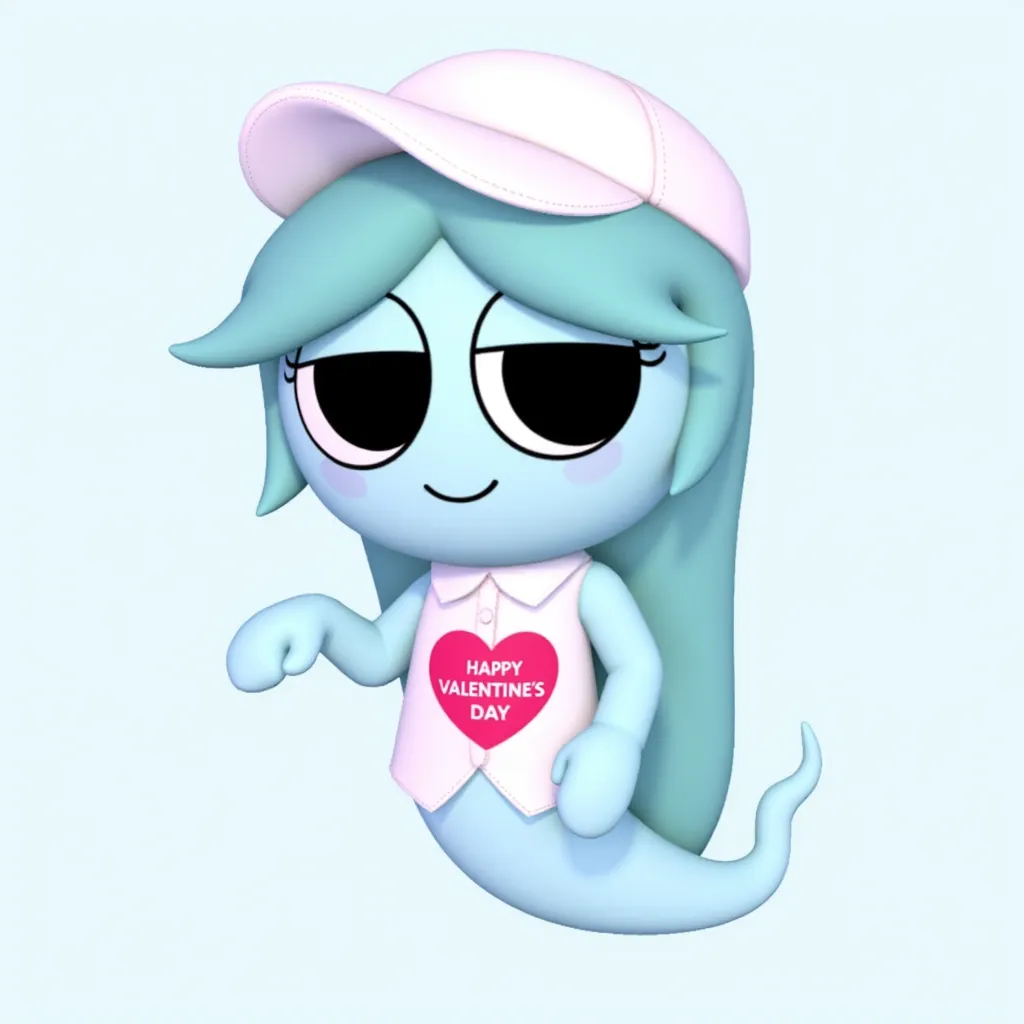 Connie, ghost cartoon chibi girl, nonhuman, black expressive eyes, light blue skin, light blue ghost tail, white sleeveless collared shirt with buttons, white messenger cap with bill, 2D Cartoon animation, Digital Art. Connie wears a heart with a phrase "HAPPY VALENTINE's DAY"