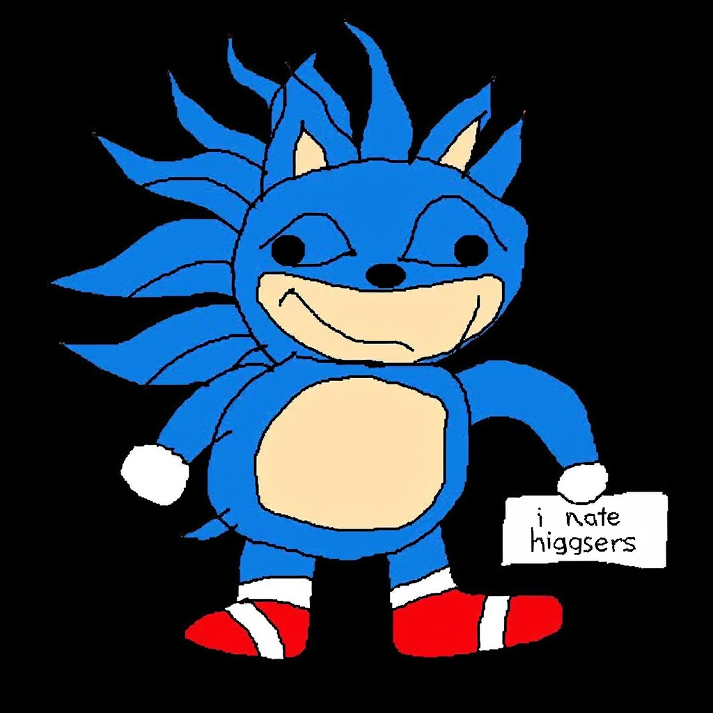 A crudely drawn, humorous depiction of Sonic the Hedgehog, titled "Sinic". The character is blue with spikes on its head resembling Sonic's iconic design but with exaggerated features, including unevenly shaped eyes, a wide smile, and simple white gloves and red shoes. Its body is rounded with beige sections at the chest and inside the face. The drawing is simplistic and childlike, set against a solid black background, emphasizing its whimsical and satirical feel. Clearly inspired by Sonic, it's portrayed in a deliberately amateur art style. holding a sign that says "i nate higgers"
