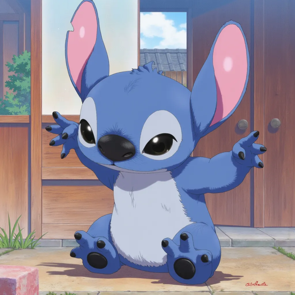 in the style of Ranma 1/2 (2024) Stitch, blue monster, japanese house blur, background