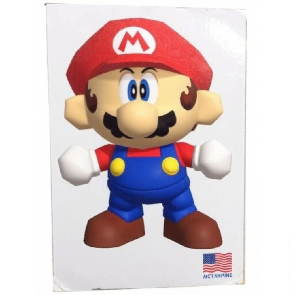 The image is a photograph of a packaged action figure of Funny Mario image: A cartoon-style depiction of Mario. He has a large nose, bushy mustache, and is wearing a red cap with the "M" logo, blue overalls, and brown shoes. His expression is serious, and his gloved hands are raised as if ready for action. The background is plain white, emphasizing the character's bold colors.