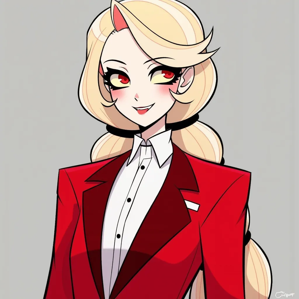 CharlieMorningstar Charlie is a tall and slim-built white-skinned hellborn demon, standing at over 6 foot,[15] around 6 and a half feet tall.[16] She has long, ankle-length blonde hair with thin light coral streaks on the paler-blonde highlights, which is usually tied into a twice-banded low-ponytail by two black hair ties. Her hair also features bangs that are flipped to the left side and ends with a curl.

Her eyes sport light yellow sclera and red pupils, and have thick eyelashes and gray eyelids. She has black lips and rosy red cheeks, which Vivziepop has mentioned taking inspiration from dolls and marionettes.[17] Charlie features animal-like traits, such as red-toed hooves,[18][19] fangs in her mouth, and a black animal-like nose.[17] Her fingernails are black and pointed.

Charlie wears a red tuxedo-jacket with darker red lapels and a small white tag located on the left side. She wears this over an untucked, long-sleeved, high-collared white dress-shirt that has two black buttons and dark red cuff