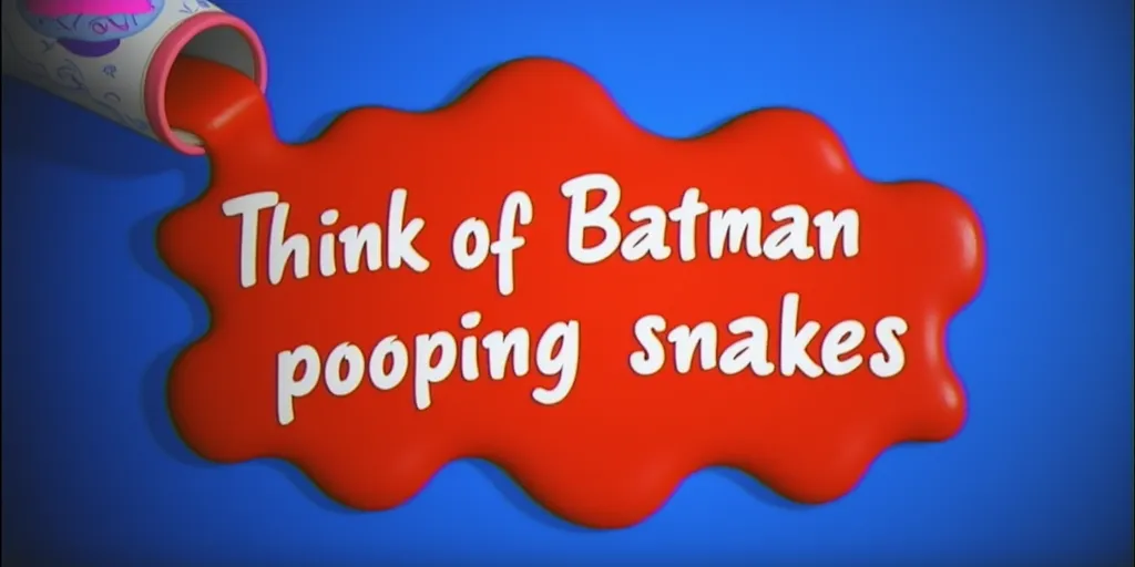 Nickelodeon Movies logo featuring red slime spilling from a snake poop tube onto a vibrant blue background, with the words "Think of Batman pooping snakes" in white letters on the slime.