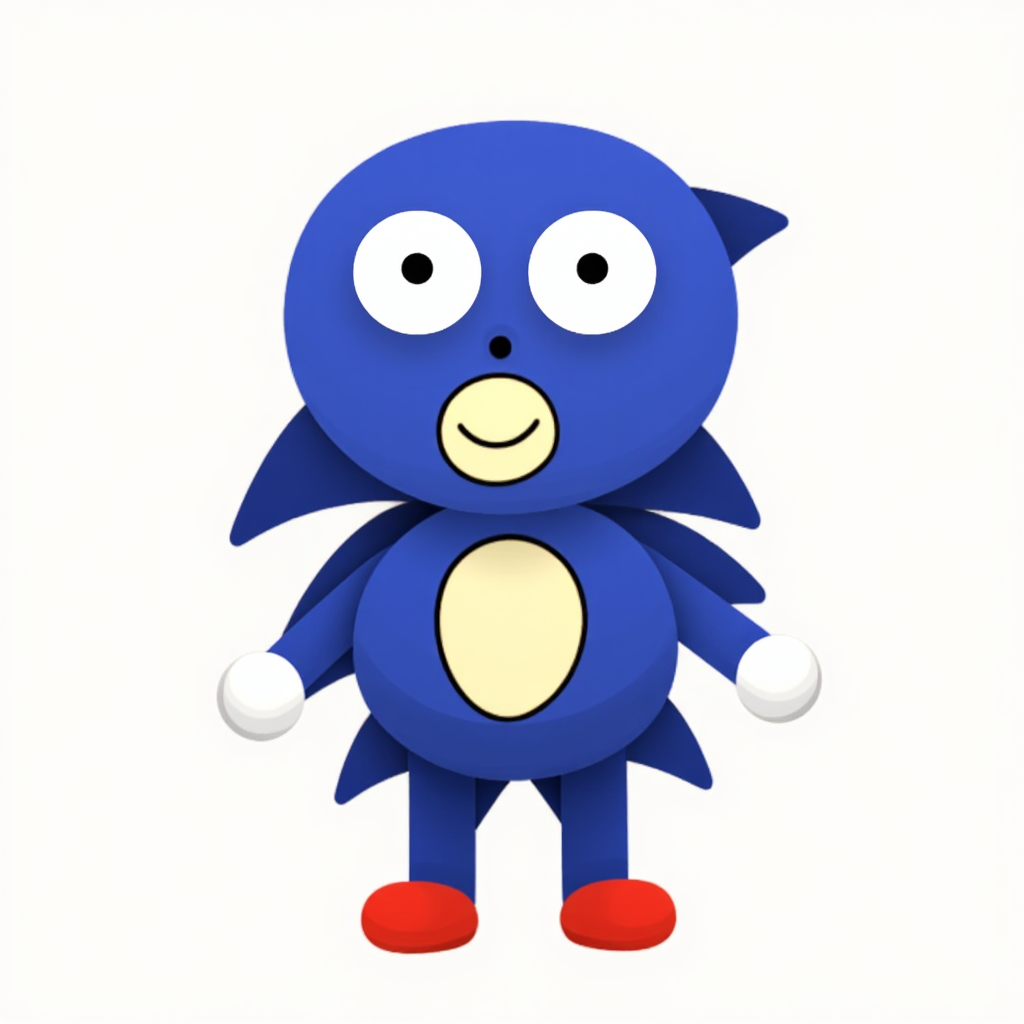 Just Sanic from "Sanic: Monster Hunter" is depicted as a cartoon character with a simple design. He has a blue body, exaggerated large eyes, a smiling face, white gloves, and red shoes.