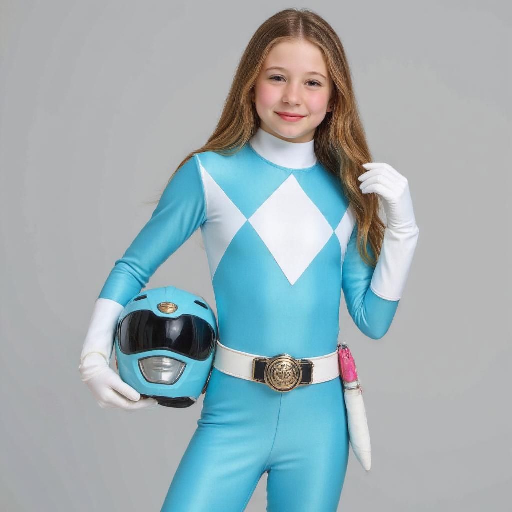 12-year old Like Nastya as MMPR Pink Ranger she wears cyan Power Ranger suit, white gloves, and boots. she holds helmet. The suit features distinctive white diamond patterns on the chest and arms. displaying the Power Rangers emblem on the belt. with grey background