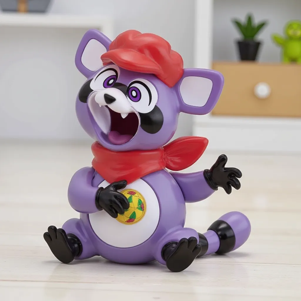 Rambley Goes Pop toy from Goilath games, Decpicting Rambley The racoon of A cartoon Racoon of Violet, Red Bandana, Open Mouth, a smiling a multicolored Dice,