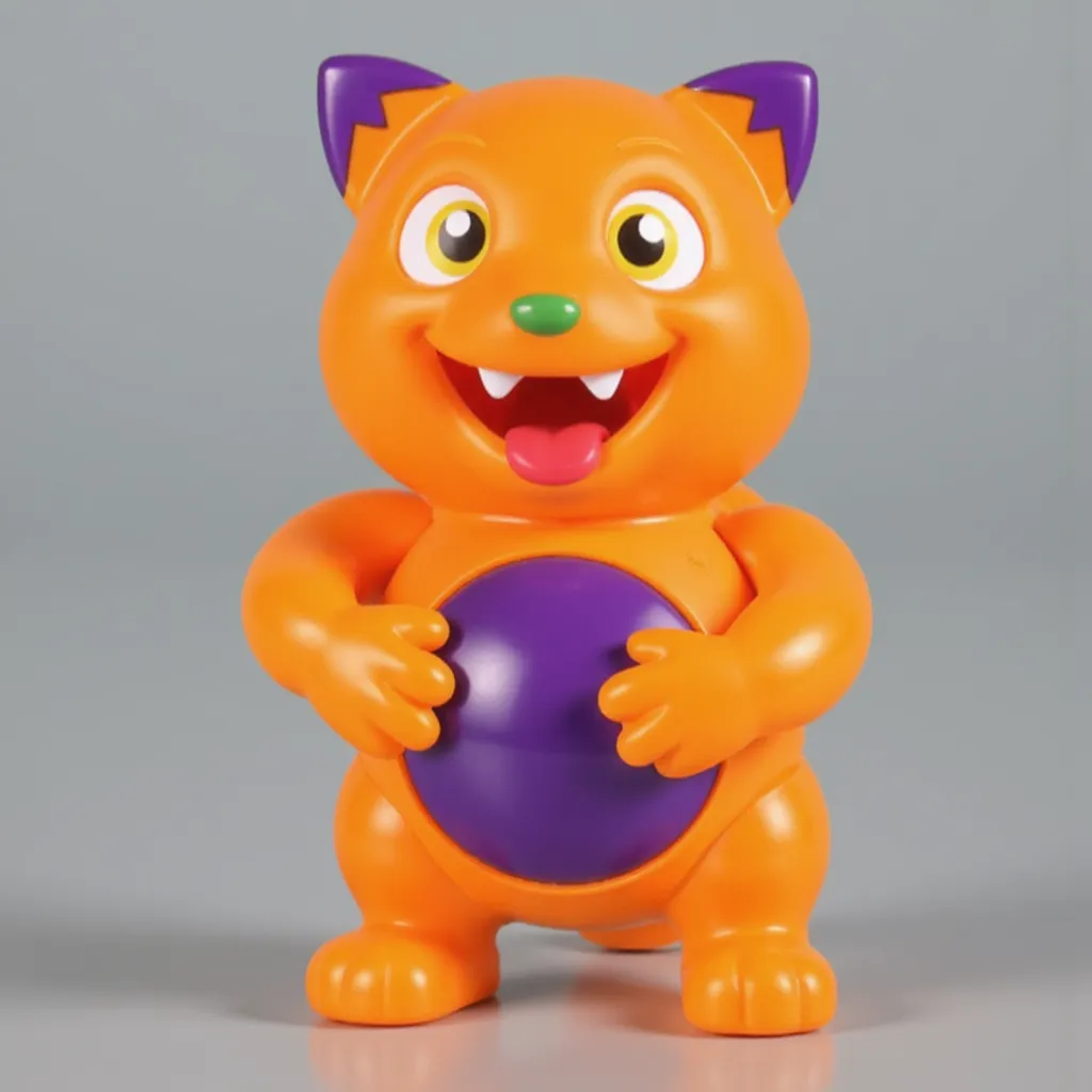 Lucas Goes Pop toy from Goilath games, Decpicting Cartoon orange cat character with a purple spot on his belly, purple spots on the edge of his orange ears, green nose, and yellow eyes, Open Mouth, and smile