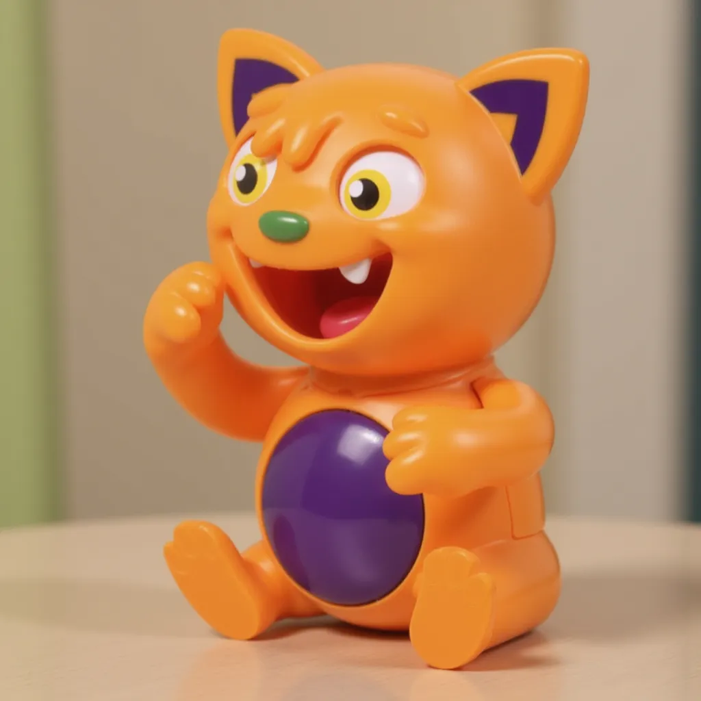 Lucas Goes Pop toy from Goilath games, Decpicting Cartoon orange cat character with a purple spot on his belly, purple spots on the edge of his orange ears, green nose, and yellow eyes, Open Mouth, and smile
