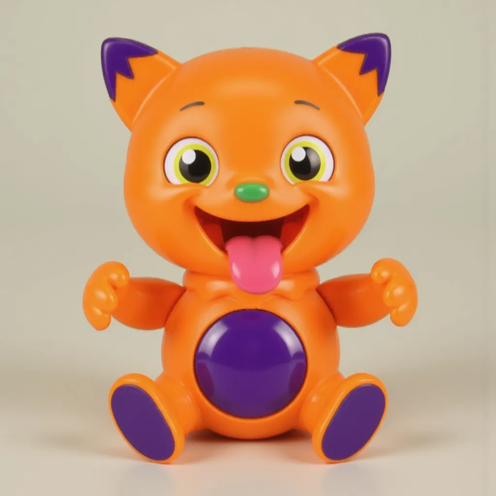 Lucas Goes Pop toy from Goilath games, Decpicting Cartoon orange cat character with a purple spot on his belly, purple spots on the edge of his orange ears, green nose, and yellow eyes, Open Mouth, and smile