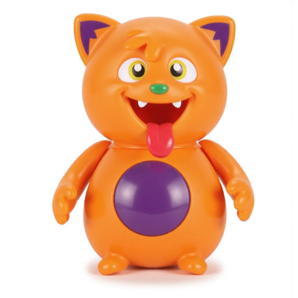 Lucas Goes Pop toy from Goilath games, Decpicting Cartoon orange cat character with a purple spot on his belly, purple spots on the edge of his orange ears, green nose, and yellow eyes, Open Mouth, and smile