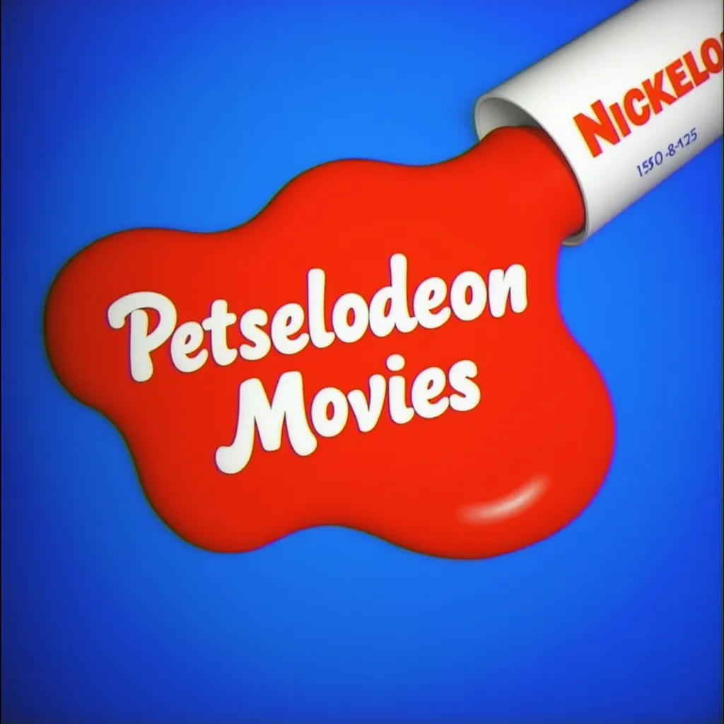 Nickelodeon Movies logo featuring red slime spilling from a tube onto a vibrant blue background, with the words "Petselodeon Movies" in white letters on the slime.