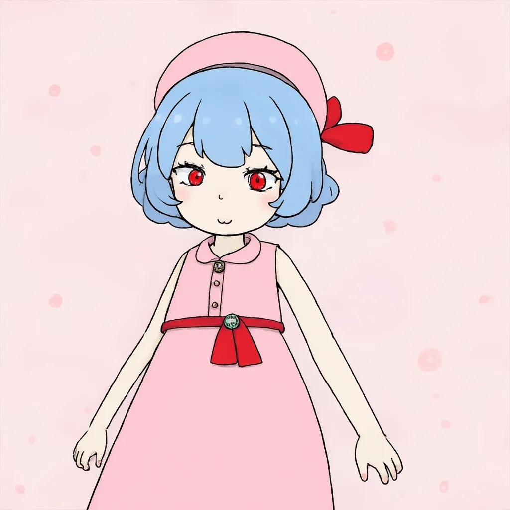 Remilia Scarlet, red eyes, short blue hair, wearing her usual outfit of a pink pastel dress with a red bow inset with a green brooch paired with a mob cap, in the style of 2013 CBeebies series "Sarah & Duck", drawn and stylised