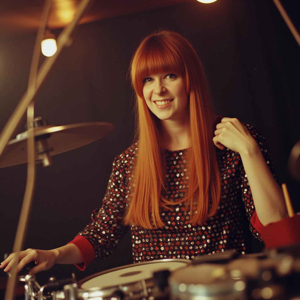 Rita Lee red straight hair, curtain bangs with her Moog Theremin Etherwave