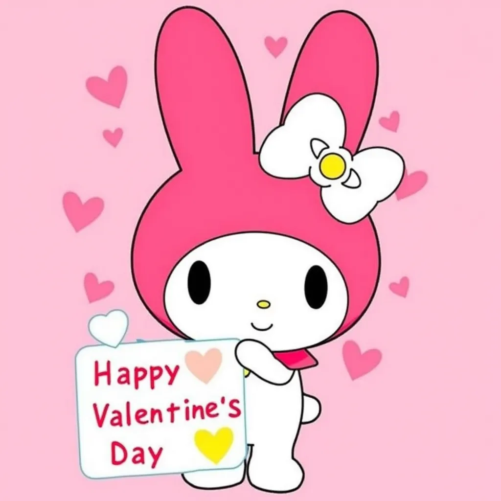 My Melody holding a sign that says “Happy Valentine’s Day!”
