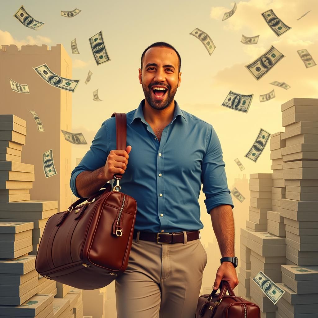 "A hyper-realistic digital artwork of a 32-year-old man with short hair, exuding excitement and energy. He is dressed in a stylish blue shirt and beige trousers, carrying two premium leather travel bags—one slung over his shoulder and the other in hand. The background is filled with towering stacks of cash, with dollar bills dynamically flying through the air, creating a sense of motion and abundance. The atmosphere is warm and vibrant, with a golden hue enhancing the richness of the scene. The name 'Ahmed Taha' is seamlessly integrated into the composition, designed in a bold, elegant, and artistically interwoven typeface that enhances the visual appeal and balance of the image."