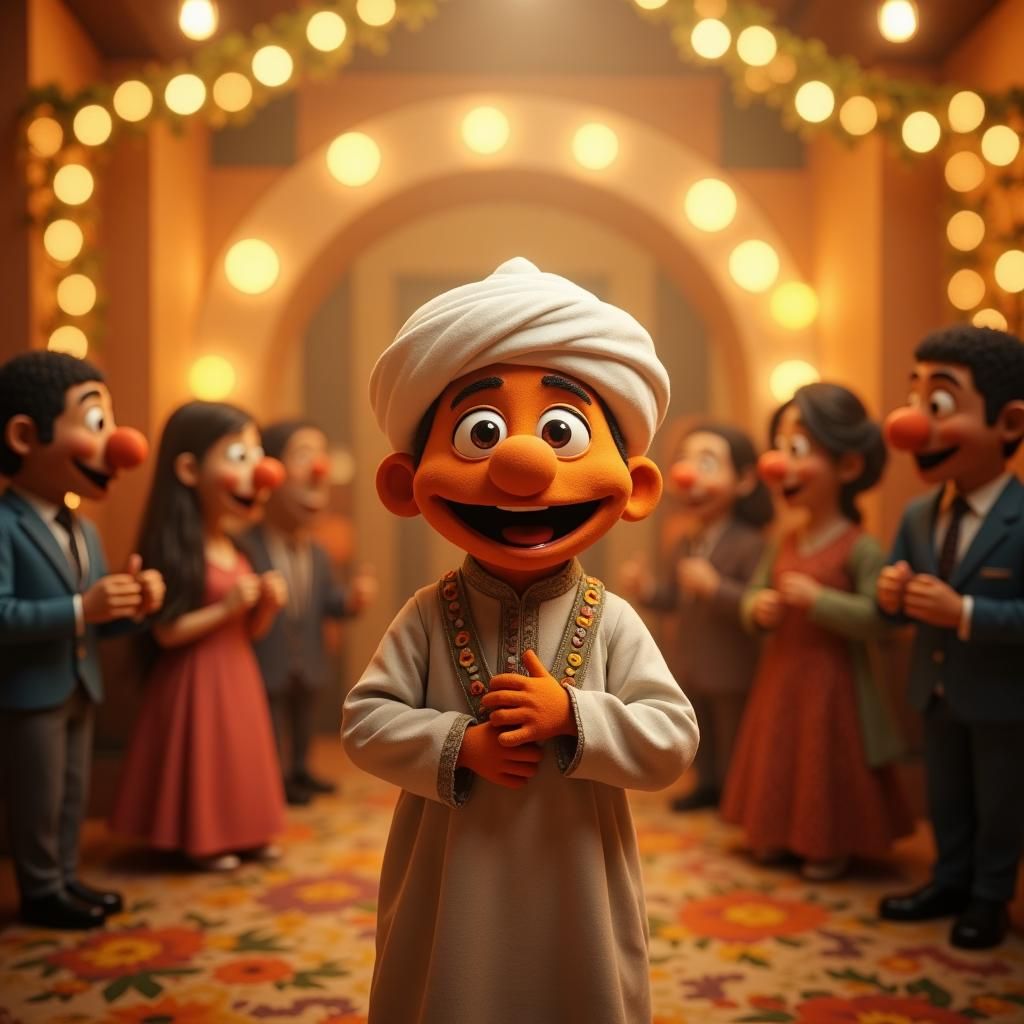 "A beautifully crafted digital art piece in the style of classic puppetry, featuring a joyful character with exaggerated Muppet-like features, wearing a traditional Egyptian galabeya and white religious hat. The character stands at the center of a festive celebration, surrounded by elegantly dressed puppet guests, colorful floral decorations, and warm ambient lighting from string lights. The scene radiates happiness and nostalgia, resembling a classic TV puppet show with a high level of detail, soft textures, and cinematic depth of field. The warm, golden color grading enhances the inviting and cheerful atmosphere. Signature at the bottom right: 'Ahmed Taha'."