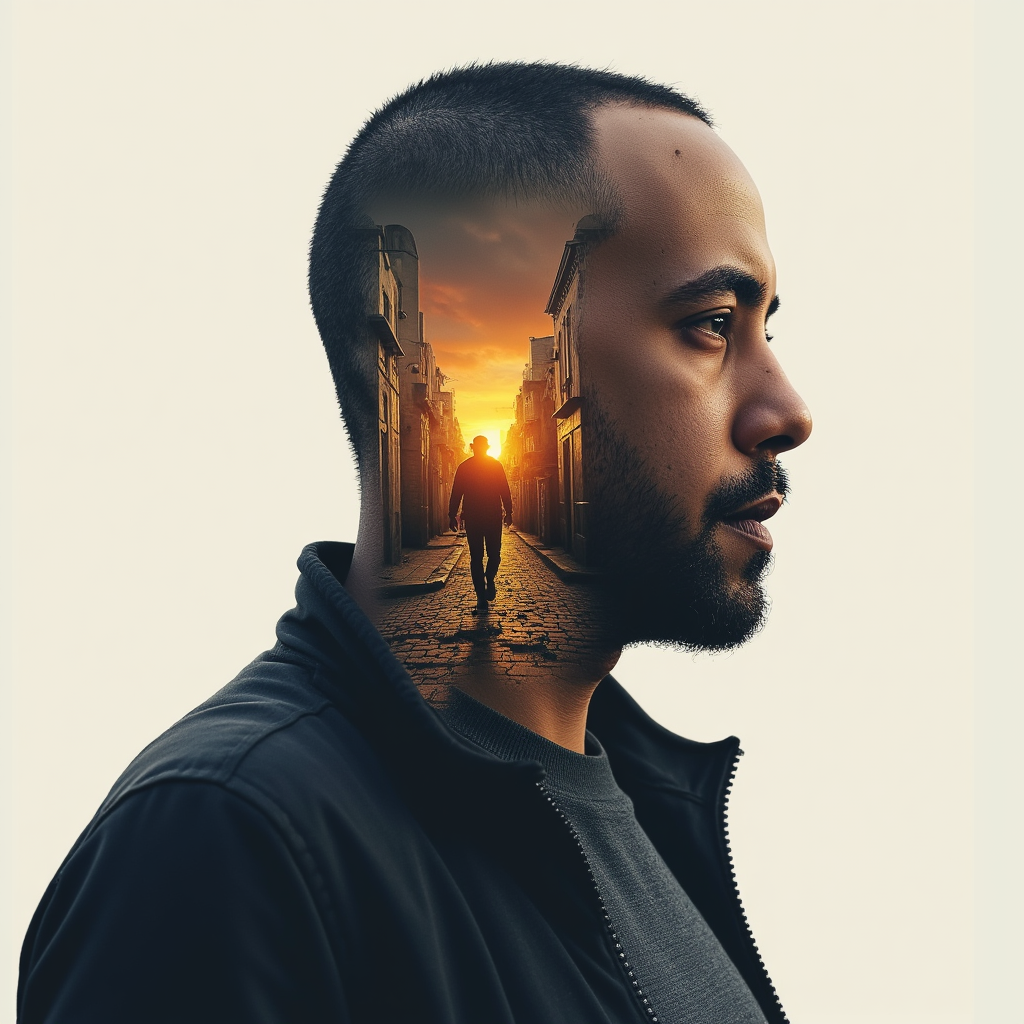 A double exposure portrait of a man with a dramatic cityscape inside his silhouette. The inner scene shows a man walking down a war-torn urban street at sunset, with destroyed buildings and glowing debris on the ground. The outer portrait is detailed, showing a serious face with a trimmed beard and wearing a leather jacket. High contrast, cinematic lighting, surreal and emotional atmosphere --v 5 --ar 2:3