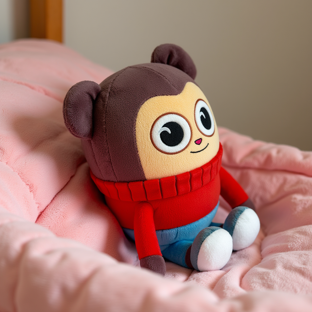 Max design pro youtooz plushes: A cute plush character with a brown bear-like design, large round eyes, and a wide smile. It has a beige face with dark brown ears, and is wearing a bright red sweater. The plush also has blue pants and white shoes, giving it a cheerful and vibrant appearance.  In a bed sleeping