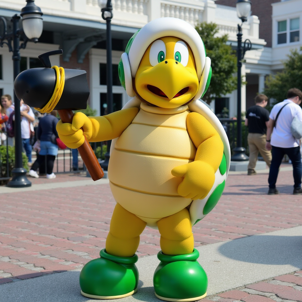 A theme park mascot costume  of Hammer Bro from the Super Mario Bros. series, wearing a green helmet with white trimmings and holding a black hammer tied together with a yellow string. Yellow skin, green eyes, tan body, green shell. The character has a yellow turtle-like appearance with a green armored shell with white trimmings, green shoes. She is standing in the theme park.