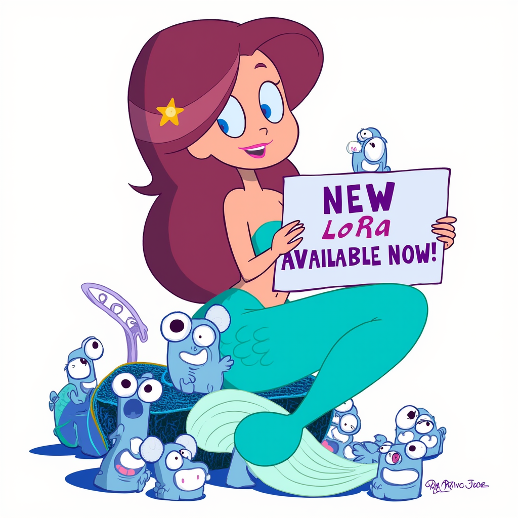 Marina The Mermaid (Season One) is holding a sign "NEW LoRa AVAILABLE NOW!"
