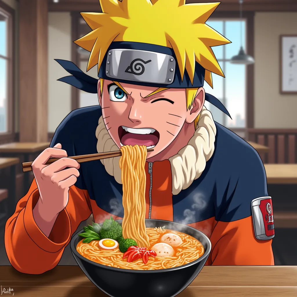 > A cheerful Naruto Uzumaki happily eating steaming ramen, digital illustration, anime style, inspired by Masashi Kishimoto and Studio Pierrot, close-up shot, vibrant colors to showcase the delicious food, in a cozy ramen shop setting, soft lighting, highly detailed, 8K ultra high resolution.