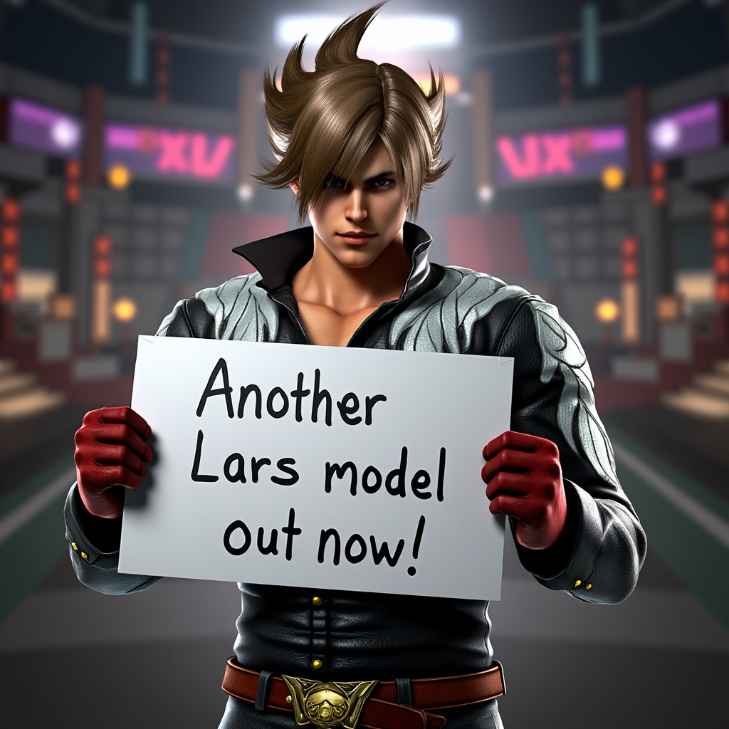 Lars Alexandersson holding a white sign written "Another Lars model out now!" with an honorable expression, inspired by the works of Tekken, Unreal Engine, 8K ultra high resolution