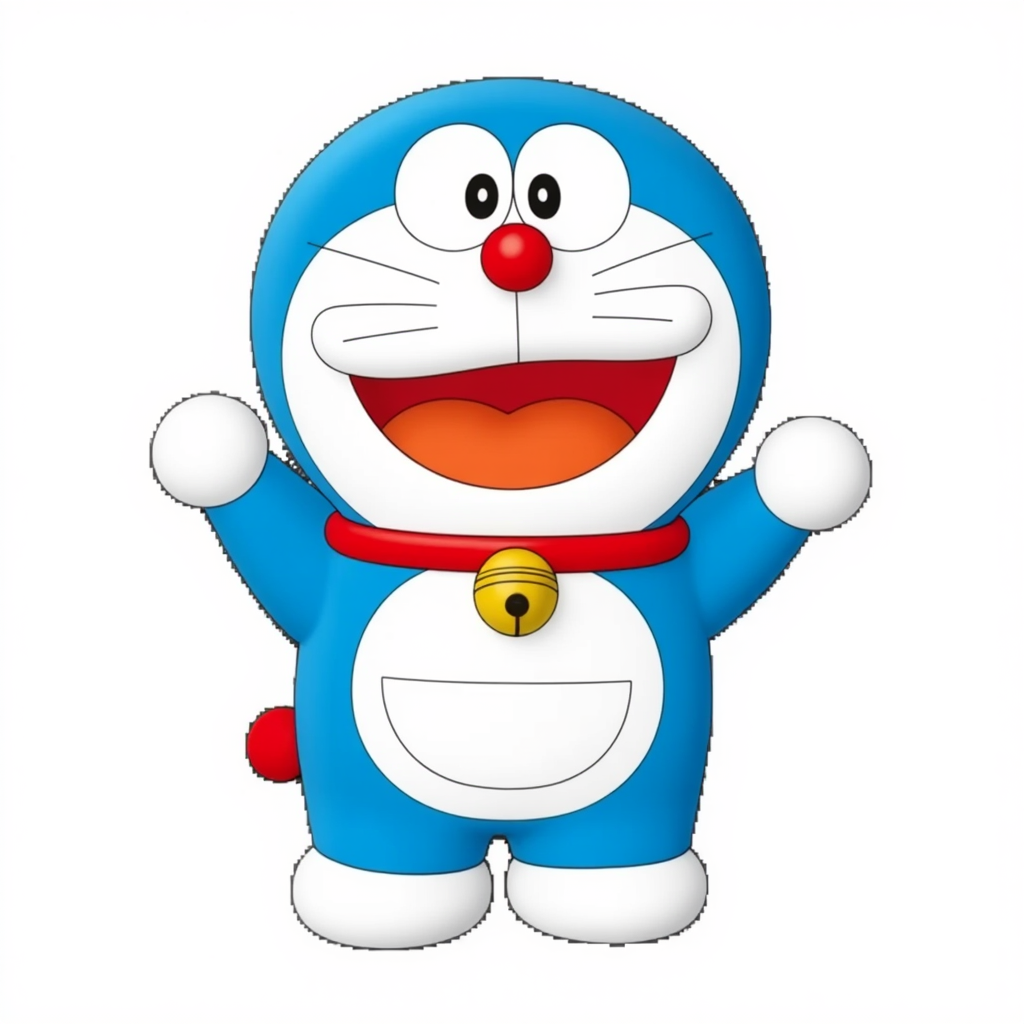 A cartoon character named Doraemon, a blue robotic cat, stands waving. He has a round body, large eyes, a red nose, and a wide smile. A small bell hangs from his red collar, and a red ball is attached to his tail. His futuristic design and cheerful expression are iconic.