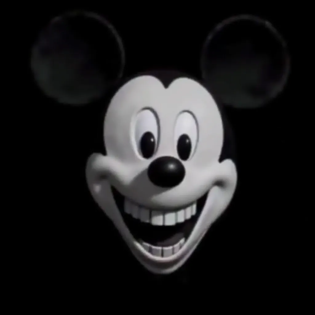 A haunting, distorted "Mickey Mouse" with a wide, exaggerated grin and hollow eyes. "Mickey Mouse" appears in stark black and white, set against a dark black background, creating a chilling and eerie effect. The image has a surreal, nightmarish quality.