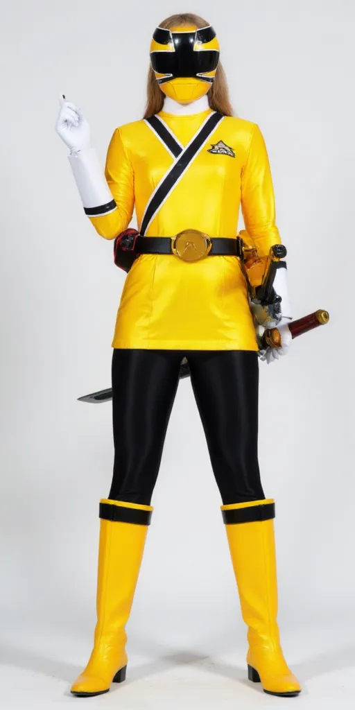 PR Samurai Taylor Swift wearing a yellow and black ranger uniform, featuring a full helmet with a black visor which she’s holding with her left arm besides her. The suit has a white diagonal stripe and a belt with a round buckle, wears white gloves, holds a sword on the right side, and has a red device on the left. The boots are yellow with black accents. The overall appearance is sleek and futuristic.