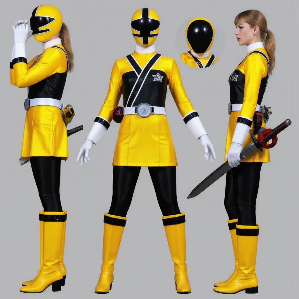 PR Samurai Taylor Swift wearing a yellow and black ranger uniform, featuring a full helmet with a black visor which she’s holding with her left arm besides her after taking it off in order to reveal her face. The suit has a white diagonal stripe and a belt with a round buckle, wears white gloves, holds a sword on the right side, and has a red device on the left. The boots are yellow with black accents. The overall appearance is sleek and futuristic.