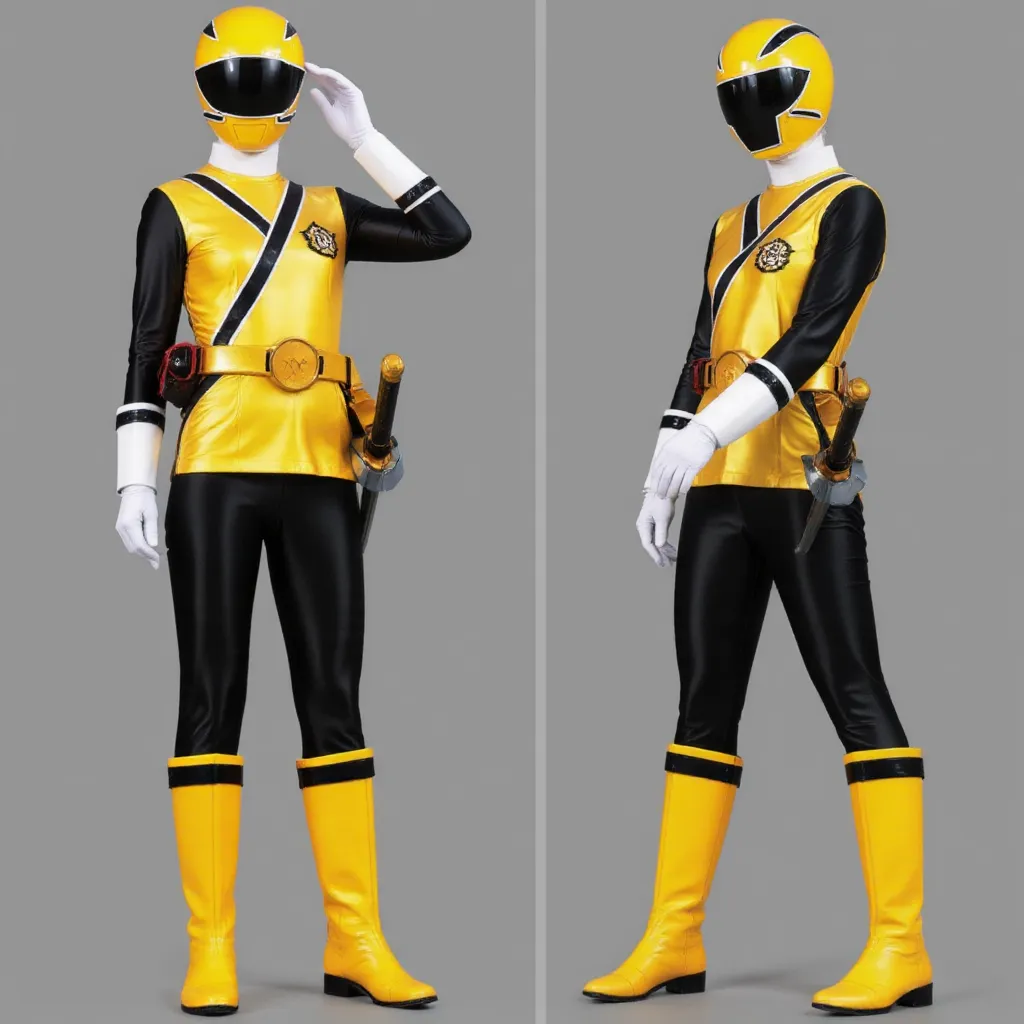 PR Samurai Taylor Swift wearing a yellow and black ranger uniform, featuring a full helmet with a black visor which she’s holding with her left arm besides her after taking it off in order to reveal her face. The suit has a white diagonal stripe and a belt with a round buckle, wears white gloves, holds a sword on the right side, and has a red device on the left. The boots are yellow with black accents. The overall appearance is sleek and futuristic.