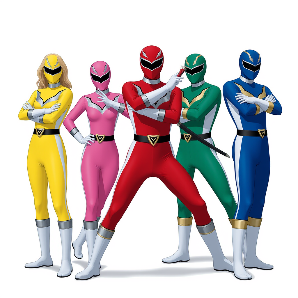 The Power Rangers Samurai are depicted in a dynamic pose, showcasing their individual personalities and fighting styles. The Yellow Ranger, a female figure, stands with her arms crossed, her confident stance radiating power. The Pink Ranger, also female, is in a crouching position, ready to strike with her sword. The Green Ranger, a male character, is in a striking stance, his sword aimed at an unseen enemy. The Red Ranger, the leader of the group, is positioned in a powerful pose, his sword raised high. The Blue Ranger, another male figure, stands tall and proud, his hands on his hips, radiating authority. All five Rangers are clad in their signature Samurai armor, their helmets reflecting their determination and unwavering resolve. The image captures the essence of the Power Rangers Samurai - a team of heroes dedicated to protecting the world from evil.