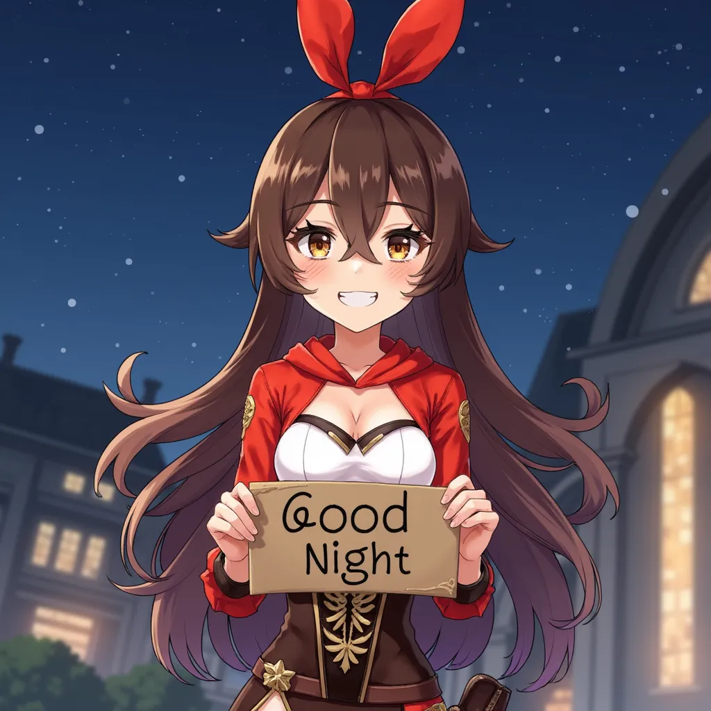 Anime Amber genshin holding a sign saying good night