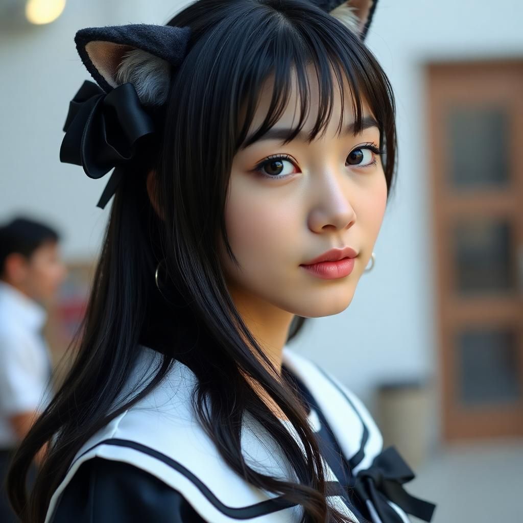 A beautiful Asian woman with dark blue eyes and black hair wearing a school uniform and cat ears full body picture