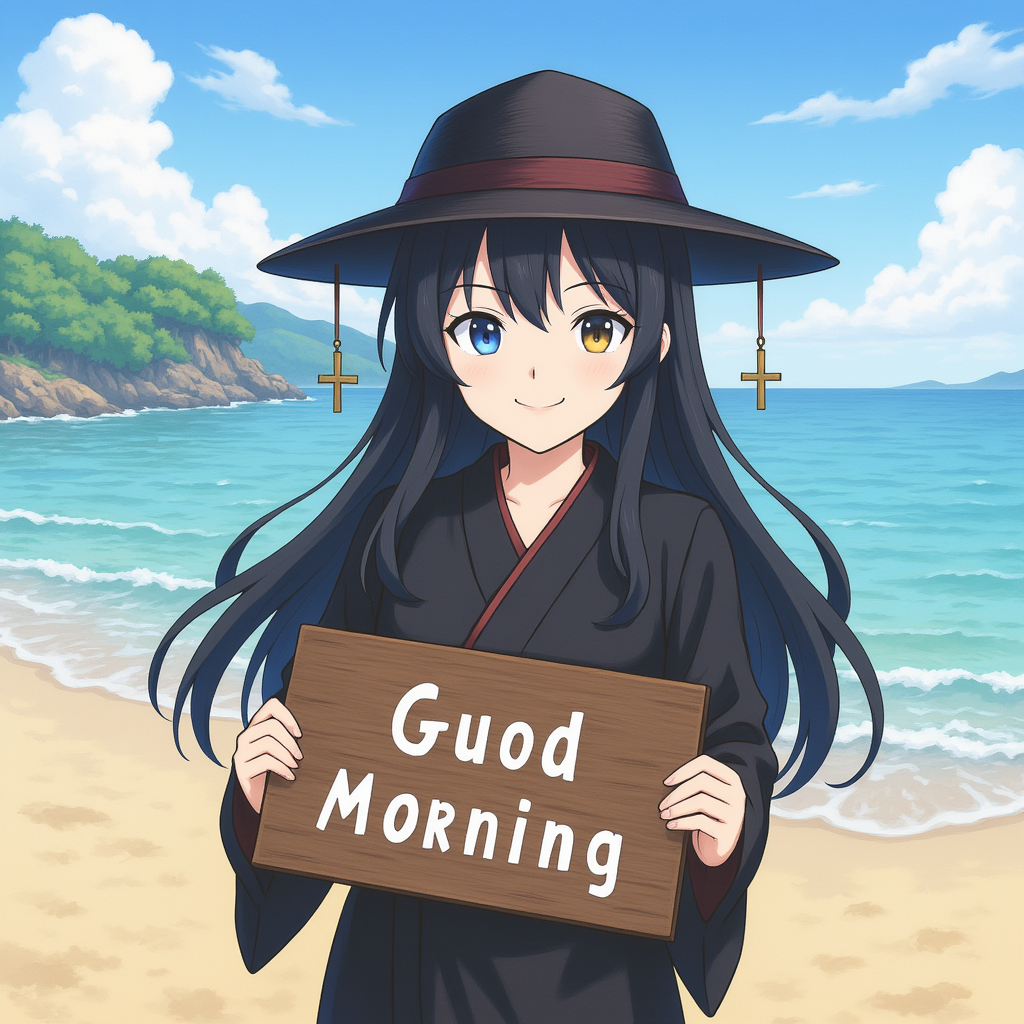 Anime Akeno Whiteheart  wearing a black kimono and black hair and black hat and standing on a beach and holding a sign saying good morning