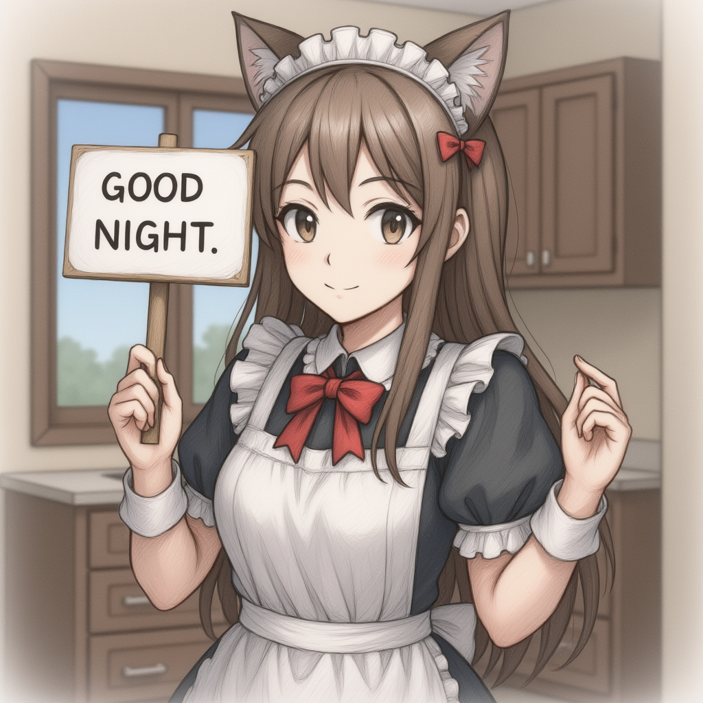 Akai white heart wearing a maid outfit and her cat ears and eyes and drak brown hair cleaning a house holding a sign saying good night