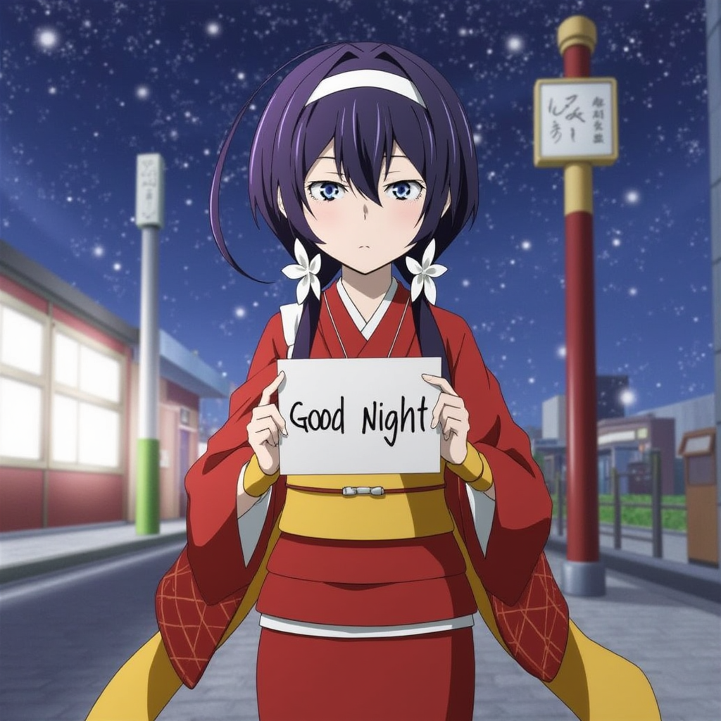 Anime kyōka Izumi  holding a sign saying good night