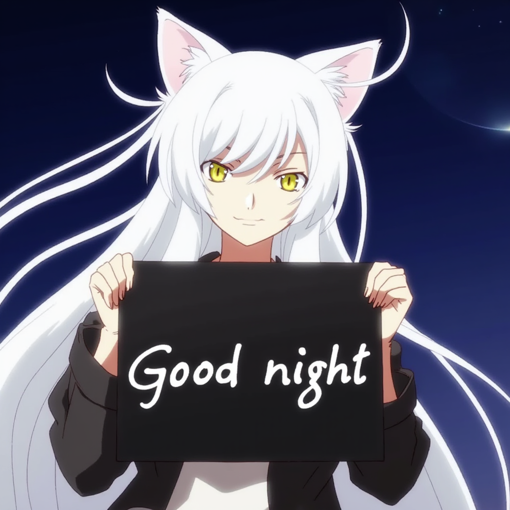 Anime black hanekawa white hair and  white  cat ears holding a sign  saying good night