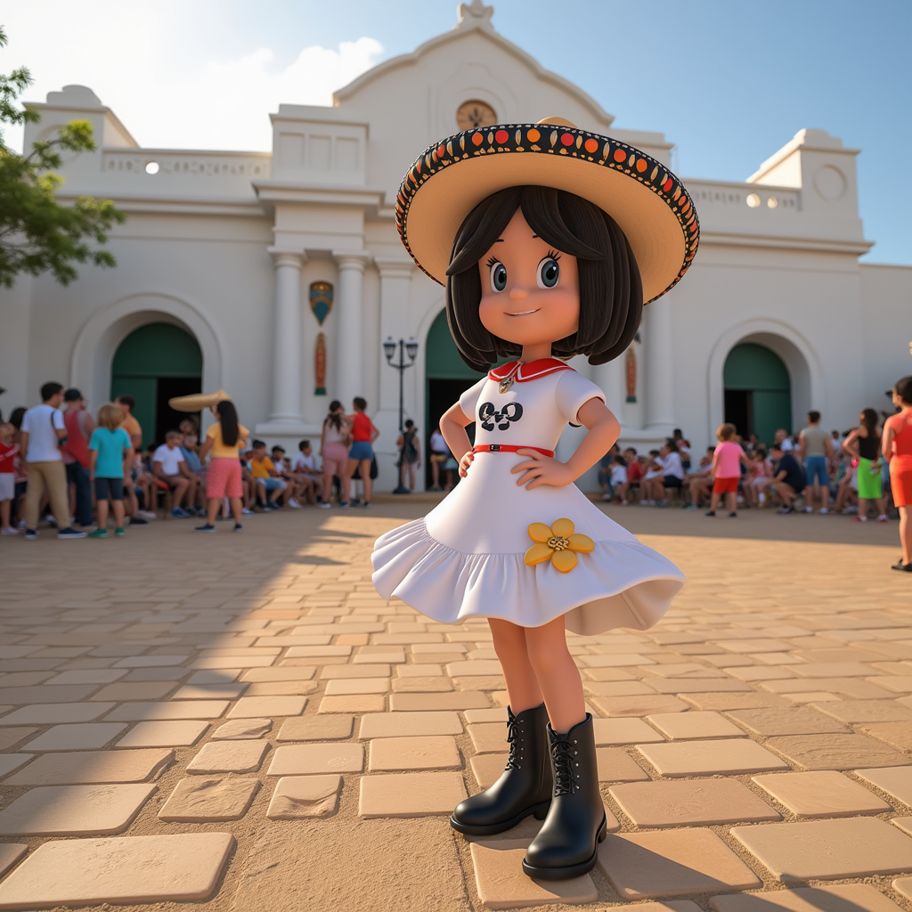 Cleo Telerin Happy Cinco de Mayo from Battle of Puebla Mexico, Mexican hat, white dress, bullet band, and black boots, backgroung Puebla México.