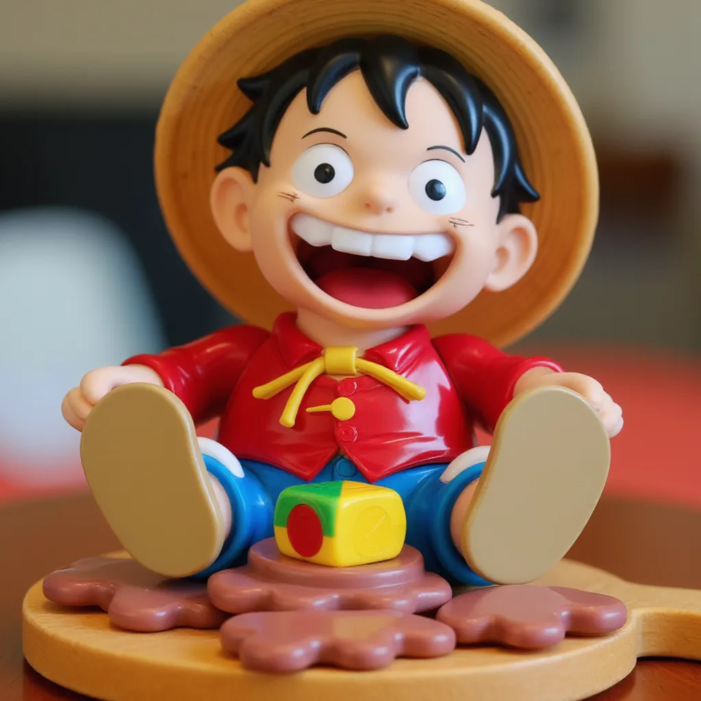 Luffy Goes Pop toy from Goilath games, Decpicting Cartoon Human, Open Mouth, a smiling a multicolored Dice surrounded by multicolored meat-on-the-bones in which it’s Luffy’s trademark favorite food