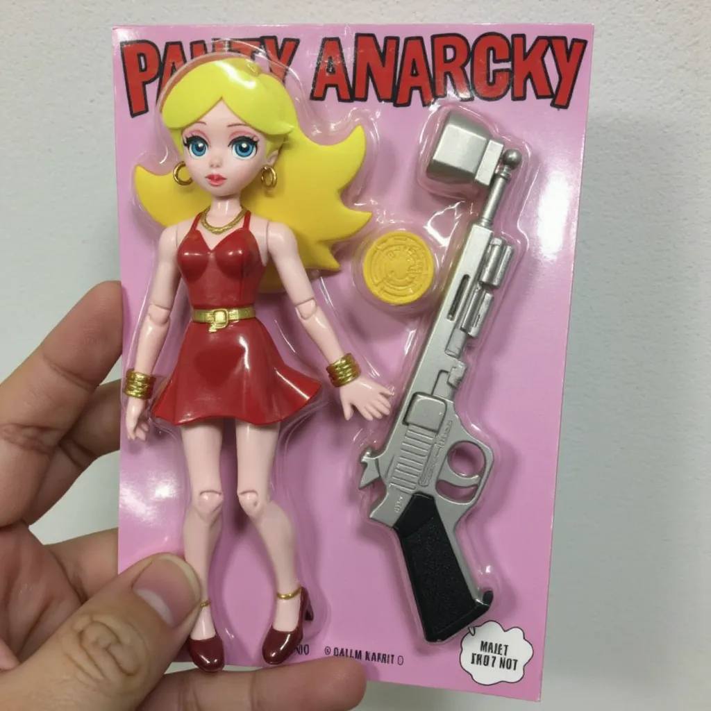 The image is a photograph of a packaged action figure of Panty Anarchy consisting of a pale, pinkish skin and the typical "Spiky Hair" hairstyle. Her hair is long and blonde and her eyes are blue and she wears wears dark red heels with a belt on both, a dark red dress and dark red hoop earrings which matches the colour of her dress. She also wears a gold necklace and two gold bracelets on both of her wrists alongside a cyclamen colored pistol next to her.