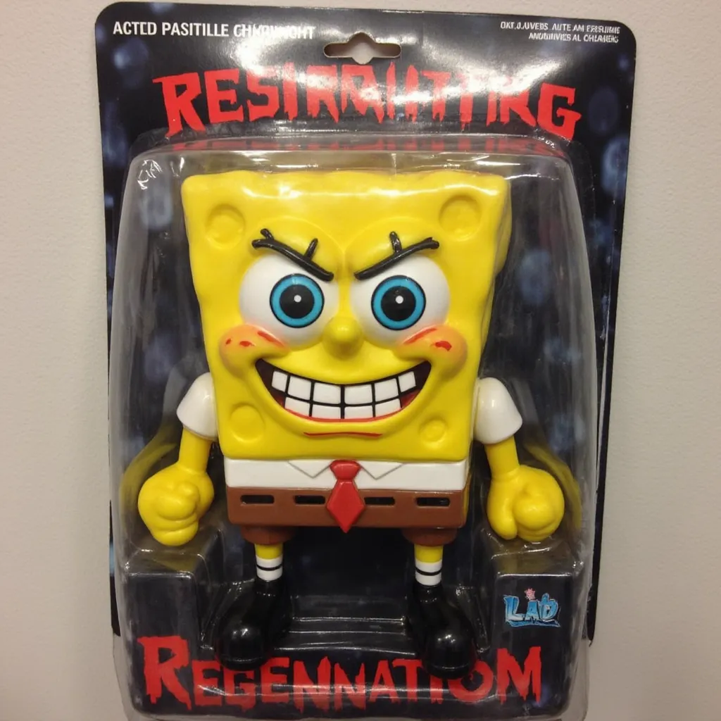 The image is a photograph of a packaged action figure of SpongeBob with his facial expression is swapped to a threateningly angry, out of character grinning smile for him. His pupils are constricted, replaced with small dots completely devoid of his usual iris color resulting in him having simply small pupils. His mouth is shown to be unnaturally wide, and his teeth are tightly clenched and closed. Lastly, his eyes were bloodshot and inflamed, with black bags forming around his lower eyelids, he’s making fists with his hands. And the Box has a subtitle “Resignation” written in red in a creepy manner