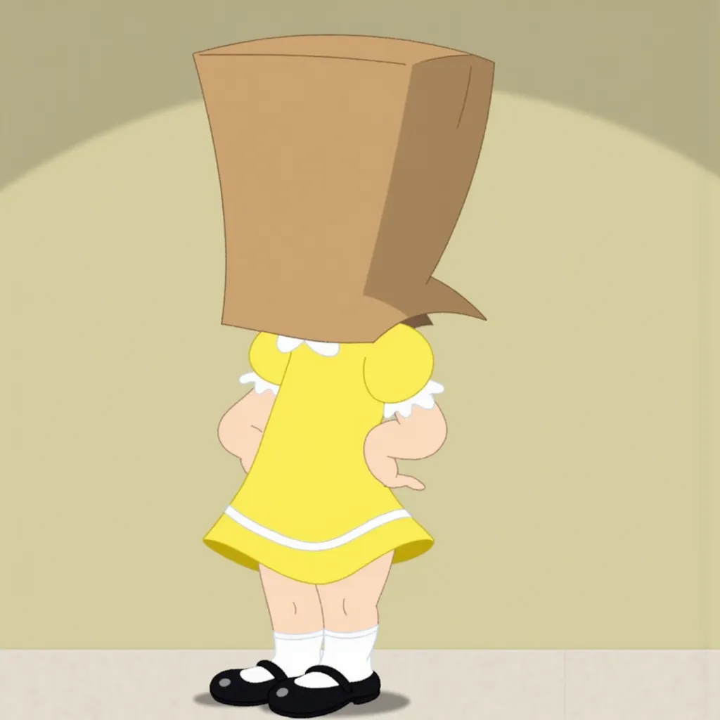 Nancy from "Tom and Jerry" wearing a yellow dress with puffed sleeves and scalloped edges, white socks, and black shoes. She’s also wearing a paper bag over her head completely obscuring her entire head