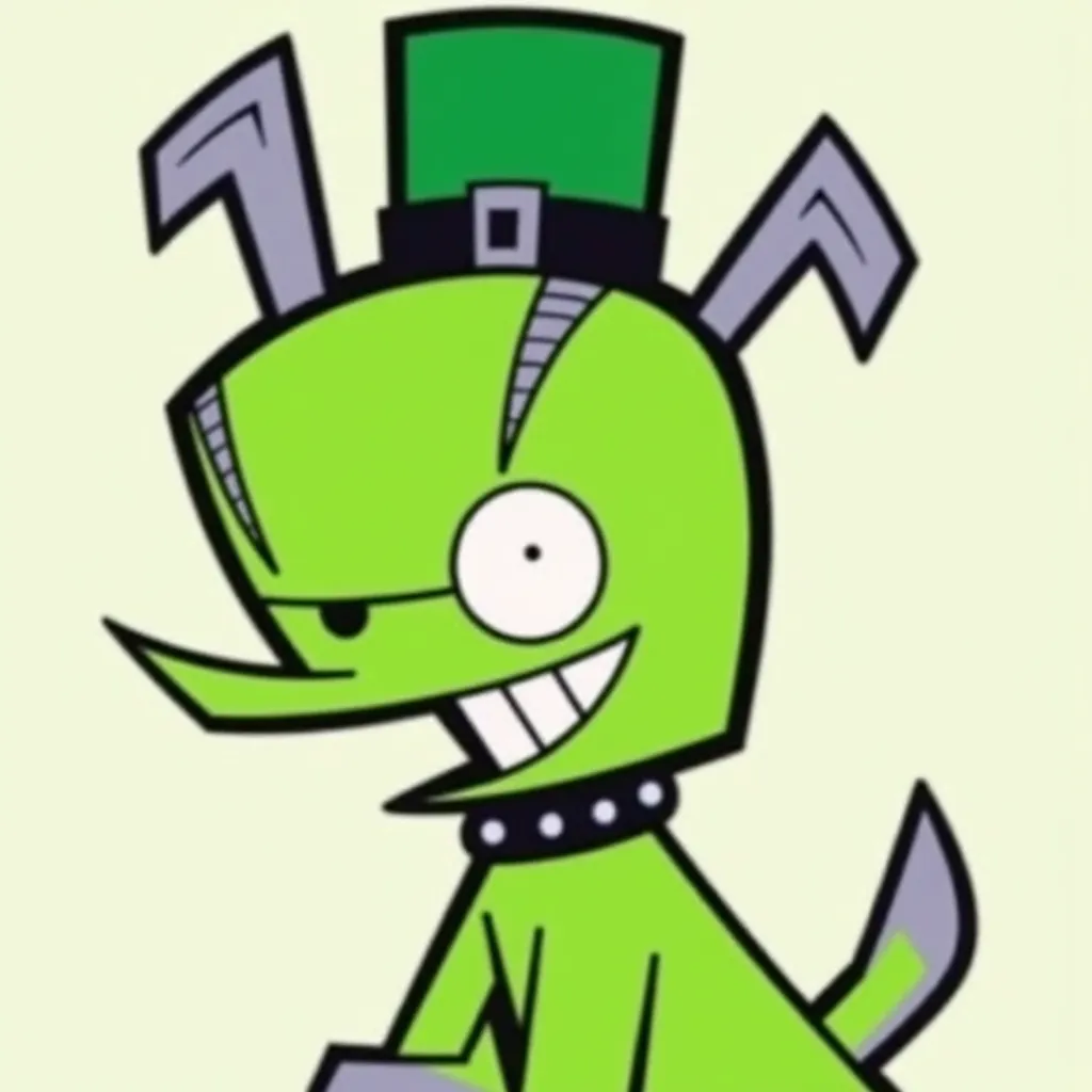 Chuck, a green dog with zippers for ears and a tail, one eye wide while another one is beady and scowling, lack of nose in his muzzle wearing a dark green collar with grey circles around it with a green “St. Patrick’s Day hat”
