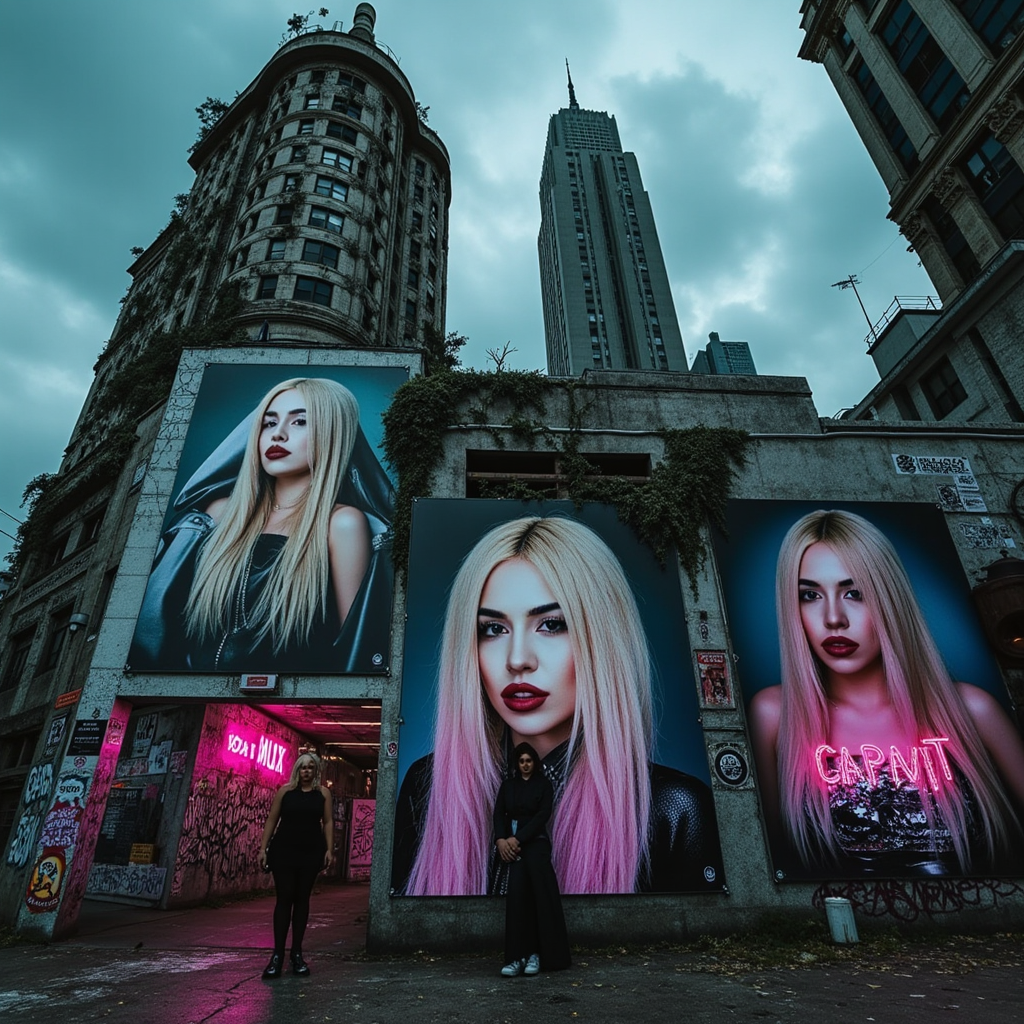 A collection of vivid, larger-than-life posters featuring Ava Max with her iconic platinum blonde hair and striking features plastered across the crumbling, graffiti-covered walls of a dystopian city. The backdrop showcases towering, decaying skyscrapers choked with vines and broken windows, under a murky, stormy sky that casts an ominous yet electrifying atmosphere. The mood is a blend of rebellion and nostalgia, with flickering neon lights illuminating the posters in vibrant pinks and blues, creating a stark contrast against the muted grays and browns of the surroundings. The scene is infused with a stylized, hyper-realistic quality, emphasizing the haunting beauty of the juxtaposition between Ava Max's lively image and the desolate urban landscape.