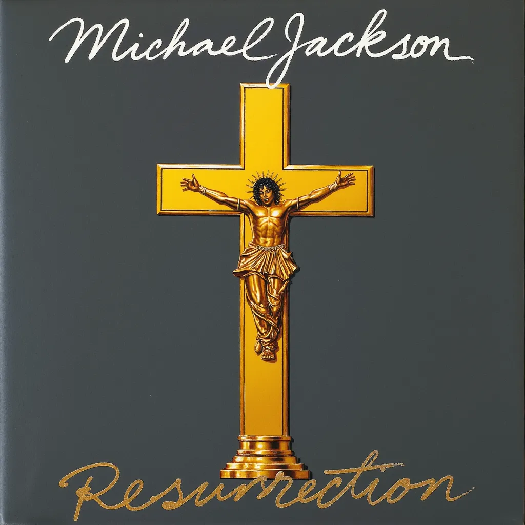 An Michael Jackson album cover called "Ressurection", The cover features an illustration of a golden cross, The word "Michael Jackson" is at the top, Written in white bold letters, While the word "Resurrection" is at the bottom, Also written on bold letters. Dark-gray background. 2000s.
